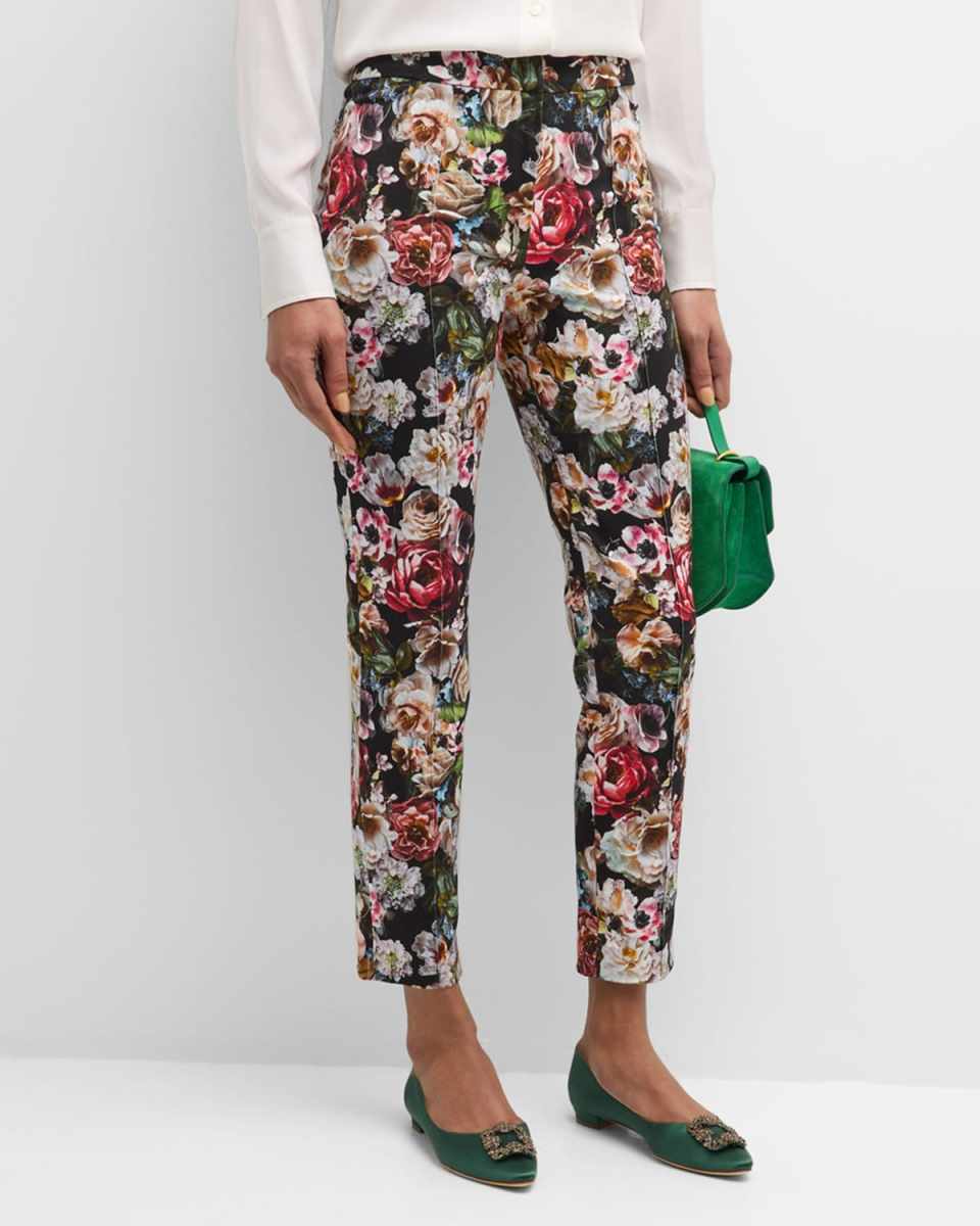 Daphne Floral-Print Pintuck Slim-Leg Ankle Cotton Twill Pants